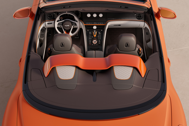 Interior view of an orange Bentley Batur convertible from above